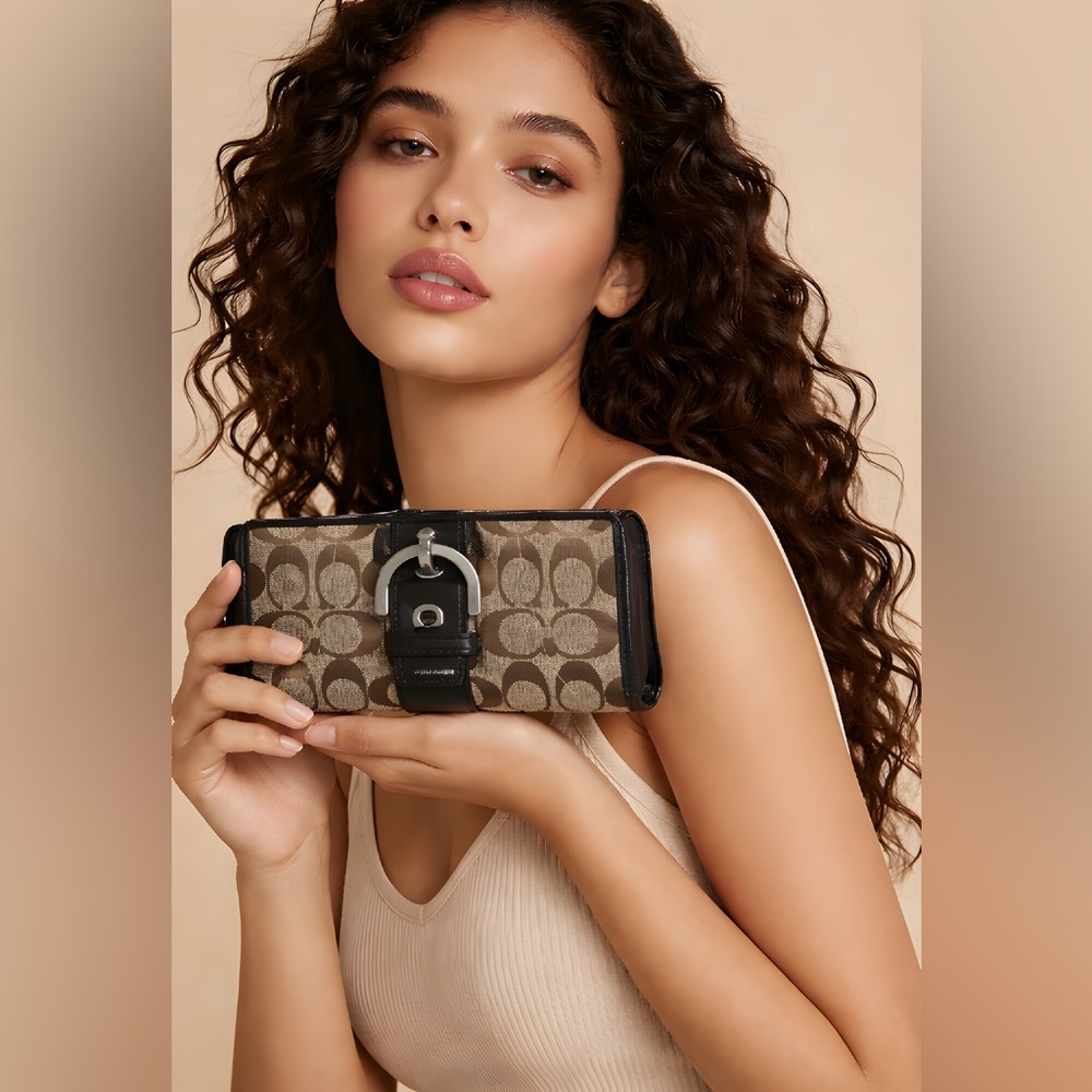 Coach Signature Pattern Wallet with Silver Buckle
